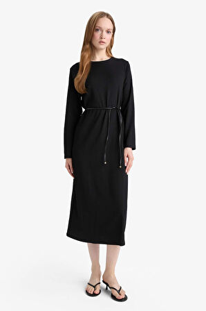 Regular Fit Penye Uzun Kollu Midi Elbise