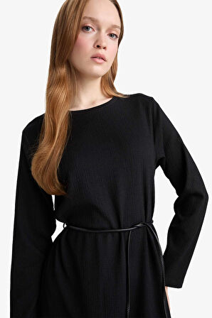 Regular Fit Penye Uzun Kollu Midi Elbise