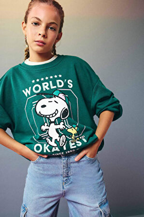 Kız Çocuk Snoopy Oversize Geniş Kalıp Bisiklet Yaka Sweatshirt
