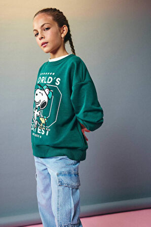 Kız Çocuk Snoopy Oversize Geniş Kalıp Bisiklet Yaka Sweatshirt