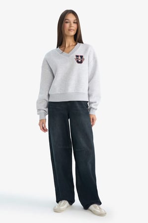 DeFacto Loose Fit V Yaka Nakışlı Sweatshirt F9910AX25AUGR256