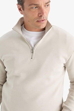 Regular Fit Dik Yaka Yarım Fermuarlı İçi Yumuşak Tüylü Basic Düz Sweatshirt