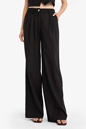 Wide Leg Çift Cepli Yüksek Bel Standart Boy Keten Karışımlı Pantolon