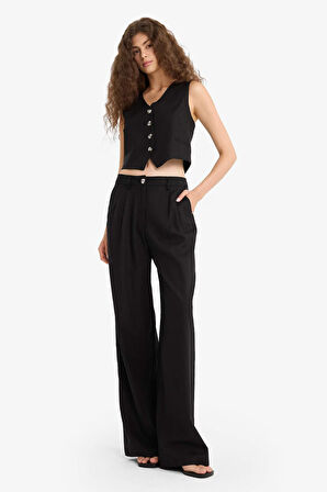 Wide Leg Çift Cepli Yüksek Bel Standart Boy Keten Karışımlı Pantolon