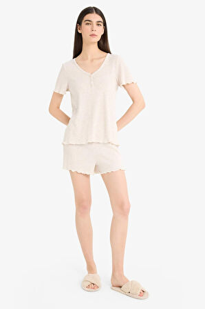 Regular Fit Ribana Kısa Kollu Pijama Üstü Esnek Belli Şort Pijama Altı- Fall in Love 