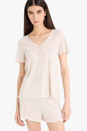 Regular Fit Ribana Kısa Kollu Pijama Üstü Esnek Belli Şort Pijama Altı- Fall in Love 
