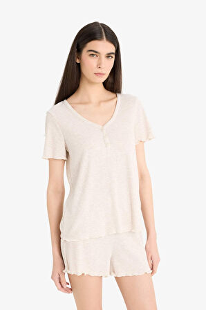 Regular Fit Ribana Kısa Kollu Pijama Üstü Esnek Belli Şort Pijama Altı- Fall in Love 