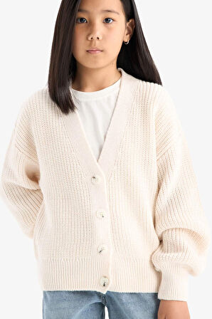 Kız Çocuk V Yaka Düğmeli Triko Hırka