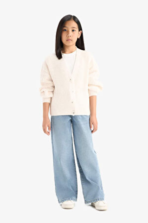 Kız Çocuk V Yaka Düğmeli Triko Hırka