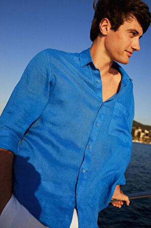 %100 Keten Relax Fit Uzun Kollu Gömlek