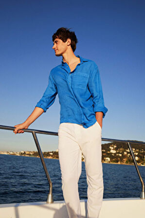 %100 Keten Relax Fit Uzun Kollu Gömlek