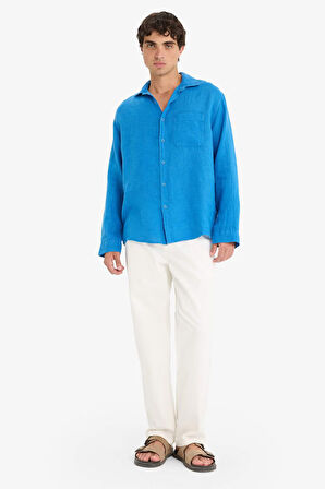 %100 Keten Relax Fit Uzun Kollu Gömlek