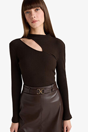 Slim Fit Dar Kesim Bisiklet Yaka Fitilli Kaşkorse Uzun Kollu Tişört