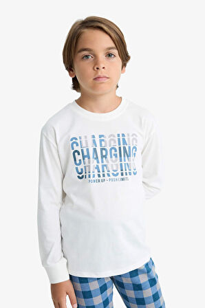 Erkek Çocuk Pijama Takımı Baskılı Uzun Kollu Üst Kareli Uzun Alt