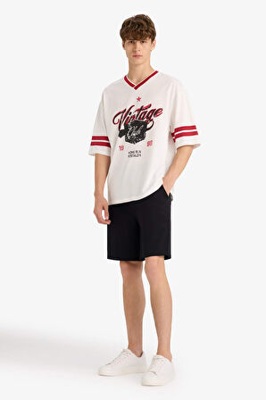 Loose Fit Bisiklet Yaka Baskılı Kısa Kollu Tişört