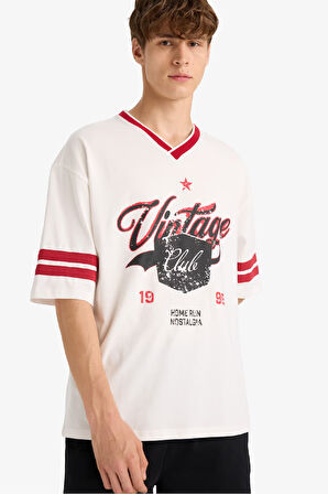 Loose Fit Bisiklet Yaka Baskılı Kısa Kollu Tişört