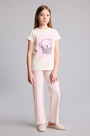 %100 Pamuk Regular Fıt 2'li Sarı Pijama Takımı Kız Çocuk