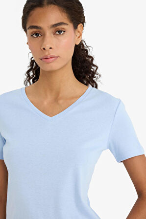 Slim Fit Dar Kesim V Yaka Basic Düz Ribana Kısa Kollu Tişört
