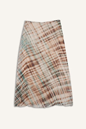 Kalem Baskılı Normal Bel Astarlı Şifon Midi Etek