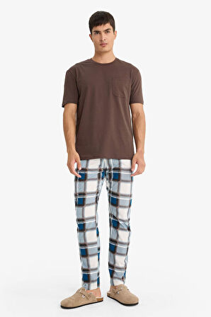 Pijama Takımı Kısa Kollu Üst Kareli Uzun Alt