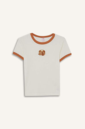 Fitted Bisiklet Yaka Baskılı Kısa Kollu Ribana Üst-Fall in Love