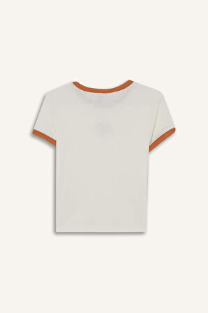 Fitted Bisiklet Yaka Baskılı Kısa Kollu Ribana Üst-Fall in Love