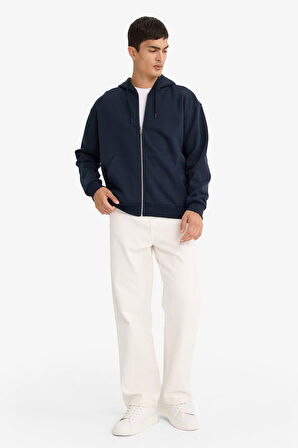 Relax Fit Kapüşonlu İçi Yumuşak Tüylü Basic Düz Kalın Fermuarlı Sweatshirt