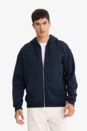 Relax Fit Kapüşonlu İçi Yumuşak Tüylü Basic Düz Kalın Fermuarlı Sweatshirt