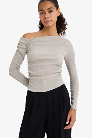 Slim Fit Dar Kesim Tek Omuzlu Bürümcük Uzun Kollu Tişört