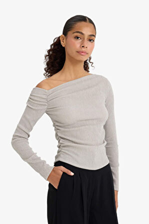 Slim Fit Dar Kesim Tek Omuzlu Bürümcük Uzun Kollu Tişört