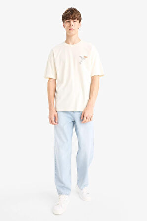 %100 Pamuk Looney Tunes Boxy Fit Rahat Kesim Bisiklet Yaka Sırt Baskılı Kısa Kollu Tişört