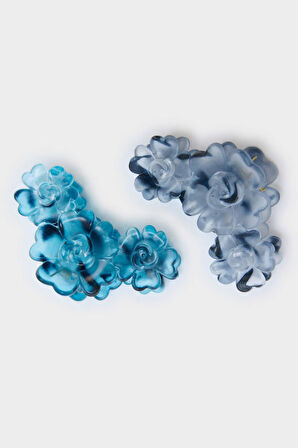 Kadın 2'li Çiçek Desenli Mavi Mandal Toka