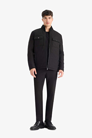 Slim Fit Dar Kesim Dik Yaka Astarlı Fermuarlı Cepli Kışlık Şişme Penye Mont