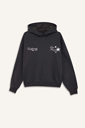Coool Overshirt Fit Kapüşonlu Baskılı Kalın Kumaş Sweatshirt