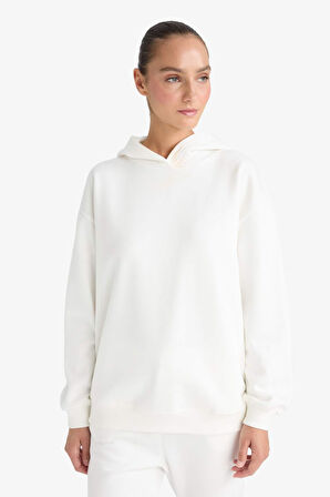 Relax Fit Kapüşonlu Basic Düz Kalın Sweatshirt