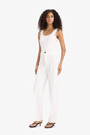 Straight Fit Yüksek Bel Düz Paça Twill Pantolon
