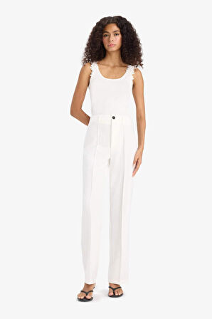 Straight Fit Yüksek Bel Düz Paça Twill Pantolon