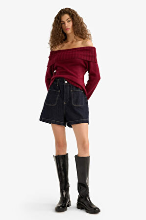 Slim Fit Dar Kesim Açık Omuz Kazak