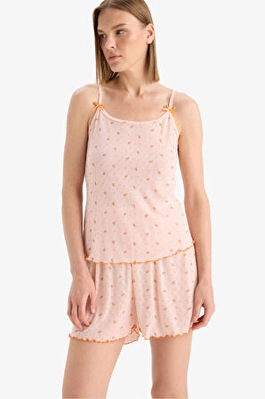 Regular Fit Pijama Takımı Desenli Askılı Pijama Üstü Esnek Belli Şort Pijama Altı-Fall in Love