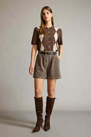 Kemerli Cepli Dokuma Şort