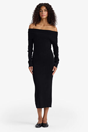 Fitted Açık Omuz Ribana Uzun Kollu Midi Elbise