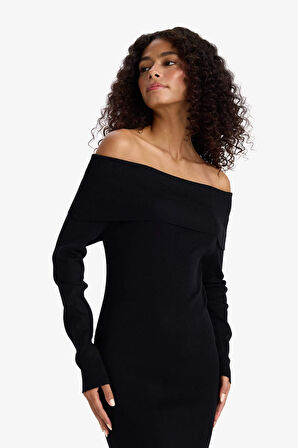 Fitted Açık Omuz Ribana Uzun Kollu Midi Elbise