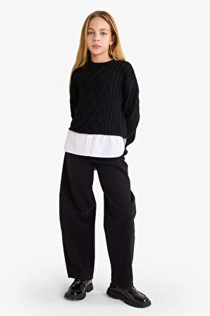 Kız Çocuk Bisiklet Yaka Etek Ucu Detaylı Triko Kazak 