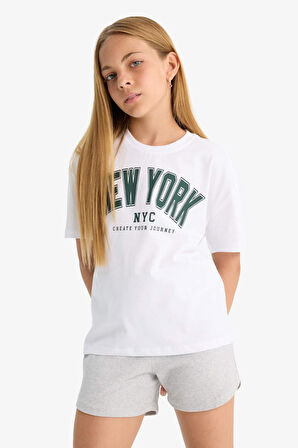 Kız Çocuk Relax Fit Bisiklet Yaka Üniversite Baskılı Kısa Kollu Tişört