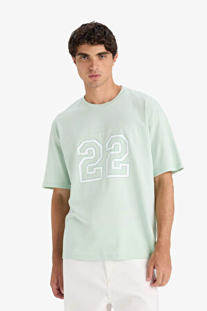 Boxy Fit Bisiklet Yaka Baskılı Kısa Kollu Tişört