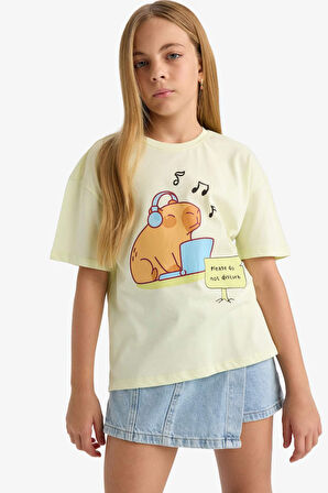 Kız Çocuk Relax Fit Bisiklet Yaka Baskılı Kısa Kollu Tişört