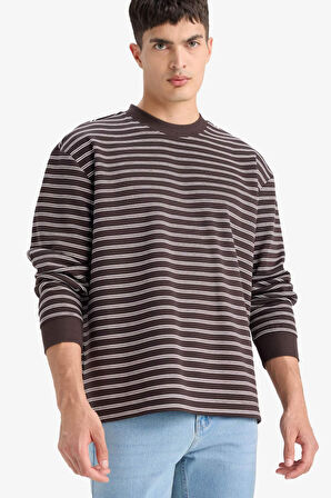 Relax Fit Bisiklet Yaka Çizgili Sweatshirt