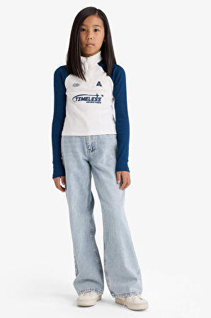 Kız Çocuk Fitted Balıkçı Yaka Slogan Baskılı Fitilli Kaşkorse Uzun Kollu Tişört