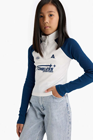 Kız Çocuk Fitted Balıkçı Yaka Slogan Baskılı Fitilli Kaşkorse Uzun Kollu Tişört