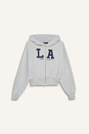 Coool Cropped Fit Kapüşonlu Baskılı Fermuarlı Sweatshirt